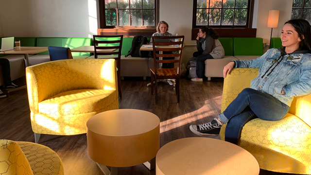 Students sitting in comfortable lounge furniture in a cafe setting.