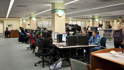 Students working at computers in a library lab.