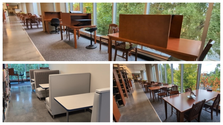 three photos of study table seating with carrels, booths, and large wood tables