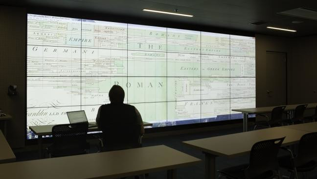 Researcher looking at large image on video display wall