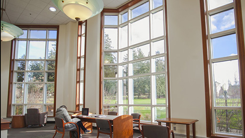 A student working in front of large windows looking out over a green space.