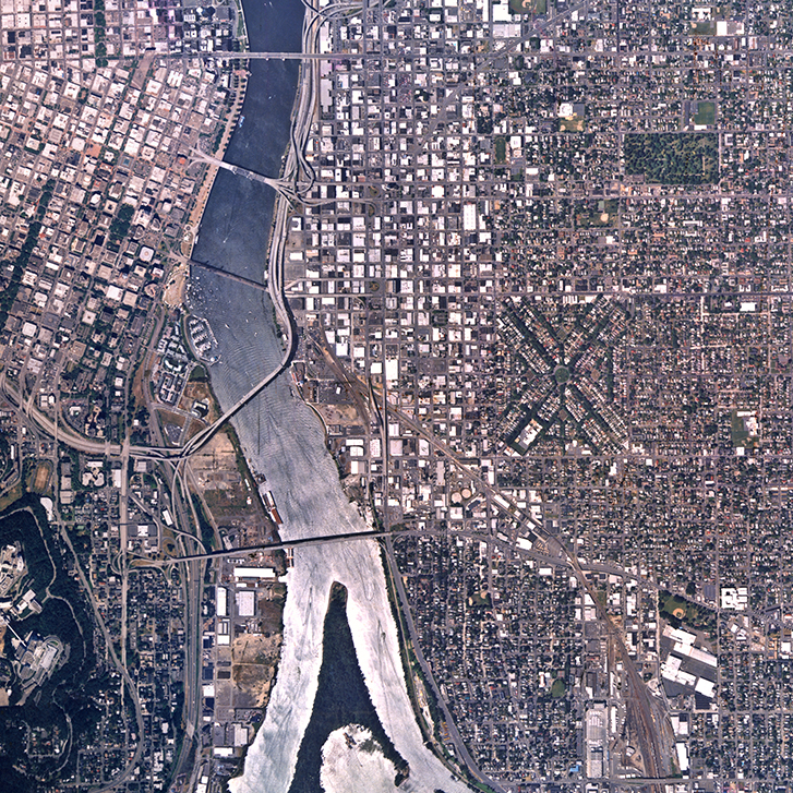 Color aerial photograph of Portland, Oregon and the Willamette River