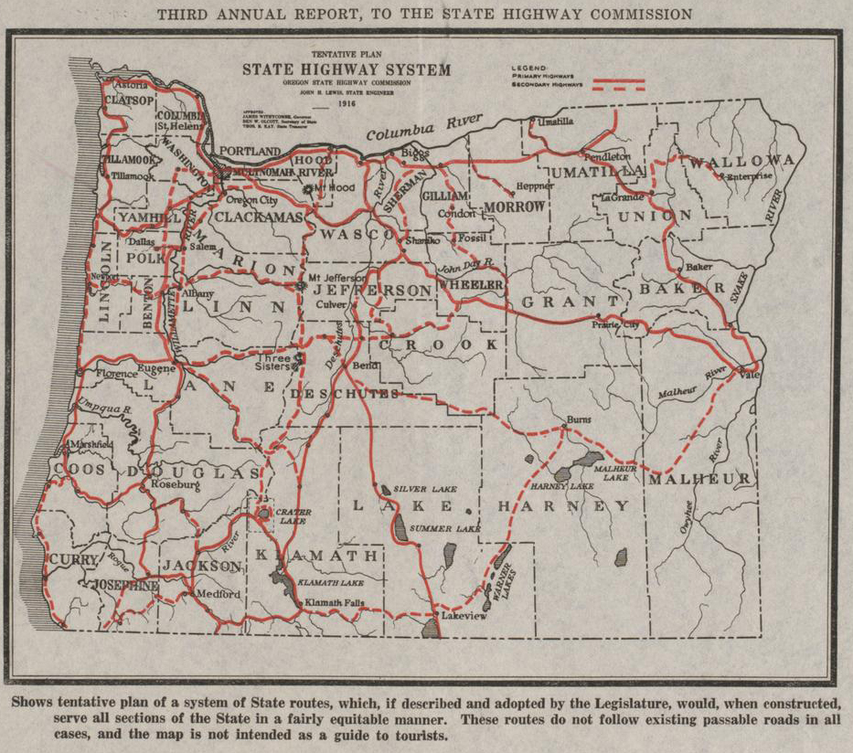 Map of Oregon from 1916 with tentative highway system