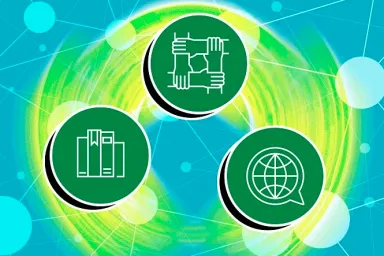 Illustration shows 3 circular icons depicting books, a globe, and a four hands grasping each others' wrists to make a square shape.