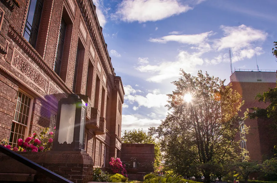 Exterior of Knight Library during a sunset