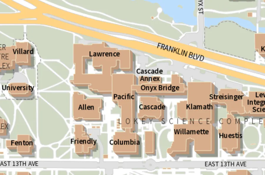 UO campus map shows an exerpt of Lawerence Hall where the Design Library is located