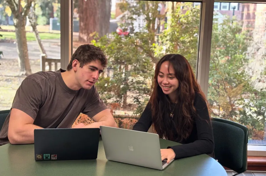 two people on laptops in front of a window